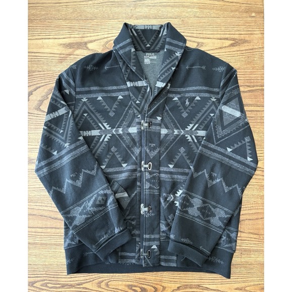 Polo Ralph Lauren Men's Large Cotton-Blend Shawl Cardigan Aztec Charcoal Beacon - Picture 1 of 12